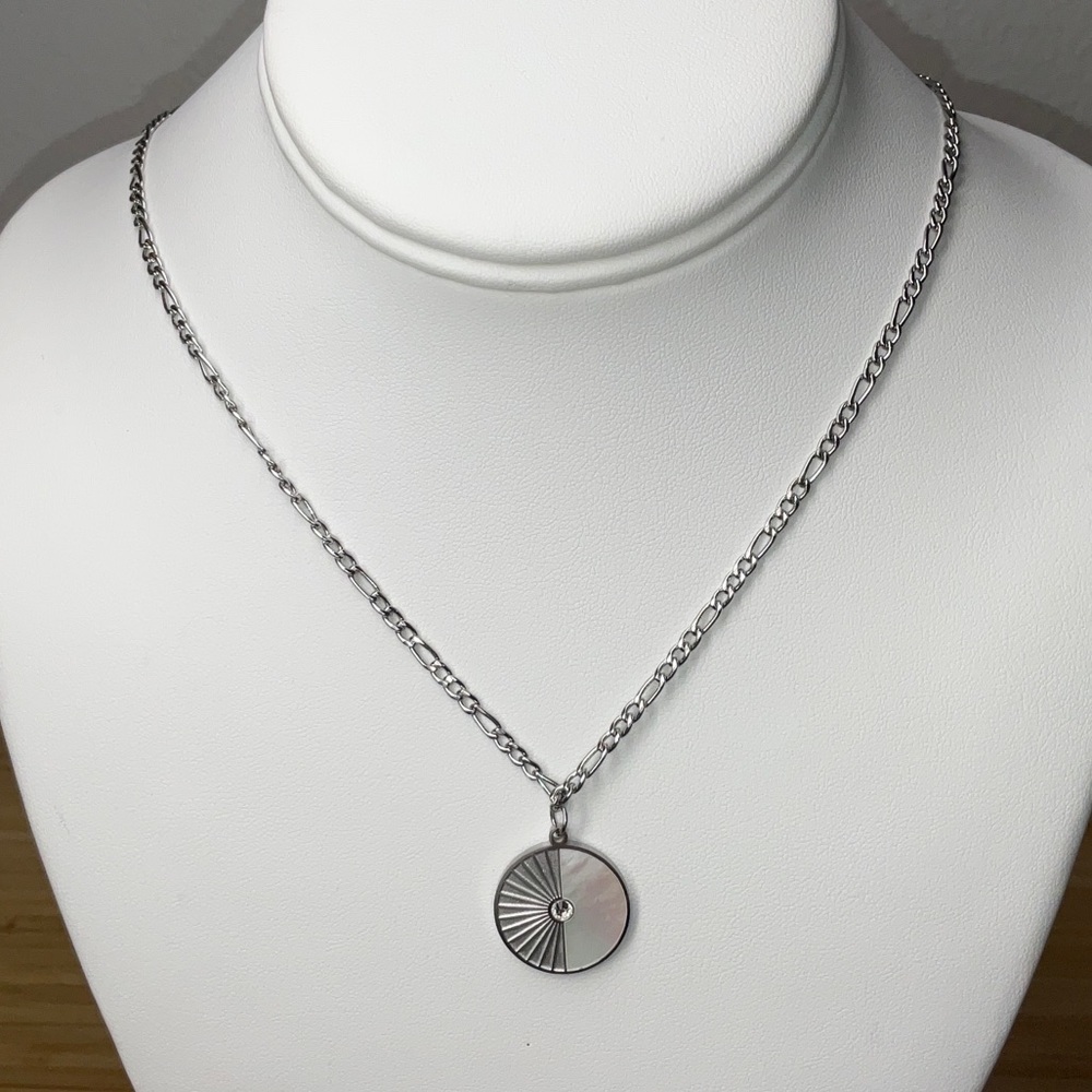 White Gold Plated Cuban Chain with Mother of Pearl Pendant